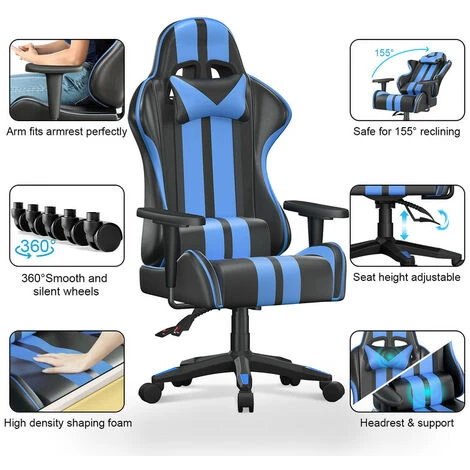 Bigzzia Sedia Da Gioco, Ergonomica, Per Computer, Con Cuscino Lombare E Poggiatesta Regolabile In Altezza, Per Adulti, Ragazze, Ragazzi, Versione Aggiornata (Nero E Blu) 2 Bigzzia Sedia Da Gioco, Ergonomica, Per Computer, Con Cuscino Lombare E Poggiatesta Regolabile In Altezza, Per Adulti, Ragazze, Ragazzi, Versione Aggiornata (Nero E Blu) - immagine 2