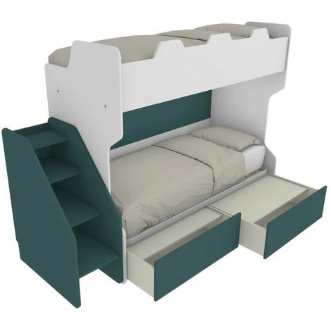 SMART - Letto A Castello Con Secondo Letto Estraibile Con Scaletta Contenitore Indipendente - Bianco E Verde Petrolio 1 SMART - Letto A Castello Con Secondo Letto Estraibile Con Scaletta Contenitore Indipendente - Bianco E Verde Petrolio