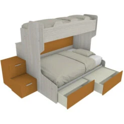 SMART120B - Letto A Castello Con Ballatoio Retro E Letto Inferiore Da Una Piazza E Mezza Con Gradinata Contenitore - Rovere Rock E Zolfo