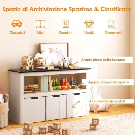 COSTWAY Mobile Porta Giochi Con Piano A Lavagna Scrivibile, Scaffale Per Bambini Con 3 Contenitori Su Ruote E Vano Aperto, Mobiletto Multiuso Da Cameretta Soggiorno E Studio, 102 X 33 X 62 Cm 3 COSTWAY Mobile Porta Giochi Con Piano A Lavagna Scrivibile, Scaffale Per Bambini Con 3 Contenitori Su Ruote E Vano Aperto, Mobiletto Multiuso Da Cameretta Soggiorno E Studio, 102 X 33 X 62 Cm - immagine 3