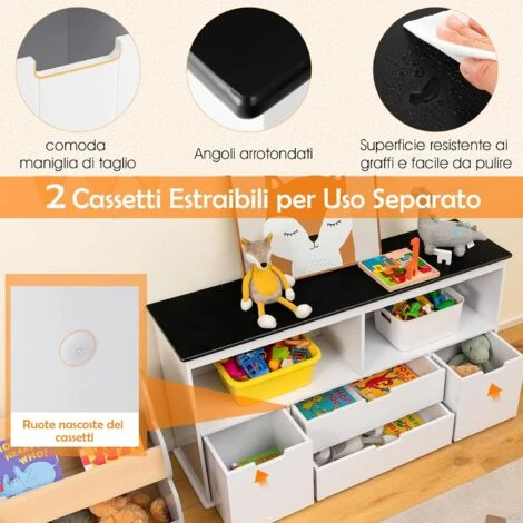 COSTWAY Mobile Porta Giochi Con 4 Cassetti, Scaffale Per Bambini Con Piano A Lavagna Scrivibile E 2 Vani Aperti, Mobiletto Multiuso Da Cameretta Soggiorno E Studio, 121 X 33 X 62 Cm 4 COSTWAY Mobile Porta Giochi Con 4 Cassetti, Scaffale Per Bambini Con Piano A Lavagna Scrivibile E 2 Vani Aperti, Mobiletto Multiuso Da Cameretta Soggiorno E Studio, 121 X 33 X 62 Cm - immagine 4