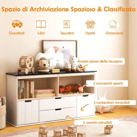 COSTWAY Mobile Porta Giochi Con 4 Cassetti, Scaffale Per Bambini Con Piano A Lavagna Scrivibile E 2 Vani Aperti, Mobiletto Multiuso Da Cameretta Soggiorno E Studio, 121 X 33 X 62 Cm 5 COSTWAY Mobile Porta Giochi Con 4 Cassetti, Scaffale Per Bambini Con Piano A Lavagna Scrivibile E 2 Vani Aperti, Mobiletto Multiuso Da Cameretta Soggiorno E Studio, 121 X 33 X 62 Cm - immagine 5
